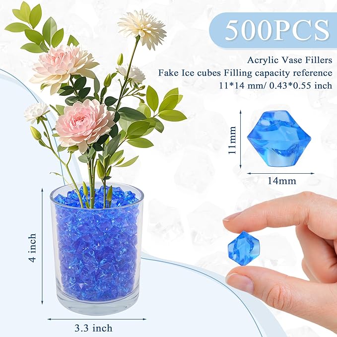 YATOJUZI 500pcs Fake Ice Cubes Blue Acrylic Crushed Rocks Vase Fillers Plastic Diamonds Gems for DIY Party Wedding Centerpiece Table Scatter Prop Display 0.5" (Only Blue)