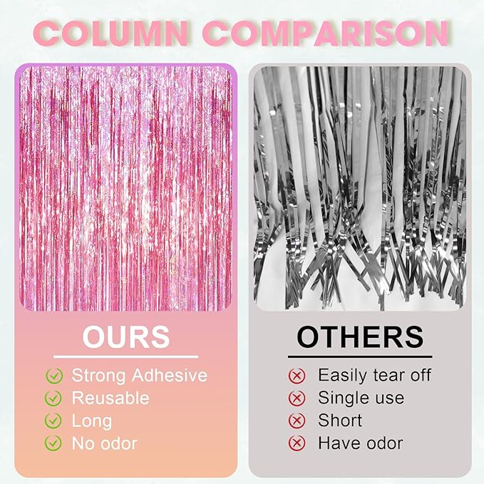3 Pack 3.3 x 6.6 ft Pink Foil Fringe Backdrop Curtains, Tinsel Streamers Party Decorations, Fringe Backdrop for Birthday, Baby Shower, Gender Reveal, Graduation