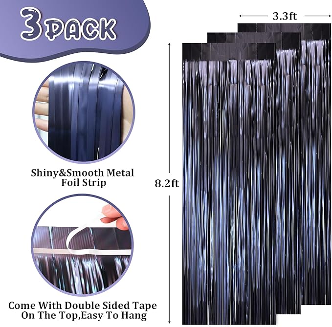 3 Pack 3.3 x 8.2 ft Matte Blue Foil Fringe Curtains, Dark Blue Tinsel Streamers Batman Party Decorations, Fringe Backdrop, Door Shimmer for Graduation, Birthday Backdrop for Men or Boy