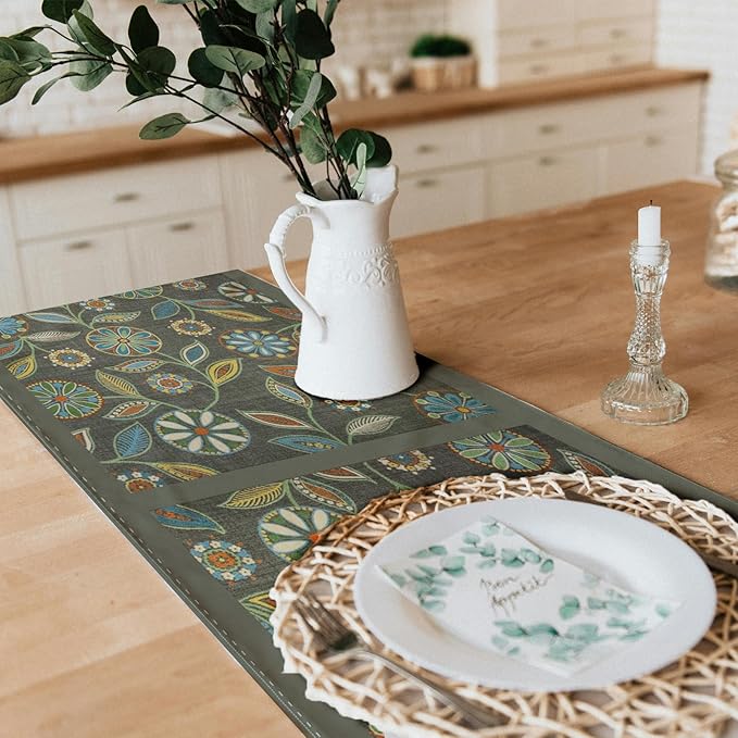 Snycler Table Runner Boho Table Runners Vintage Elegant Farmhouse Table Center Linen Decor for Home Dining Party Entrance (13x48 Inch) Gray&Green