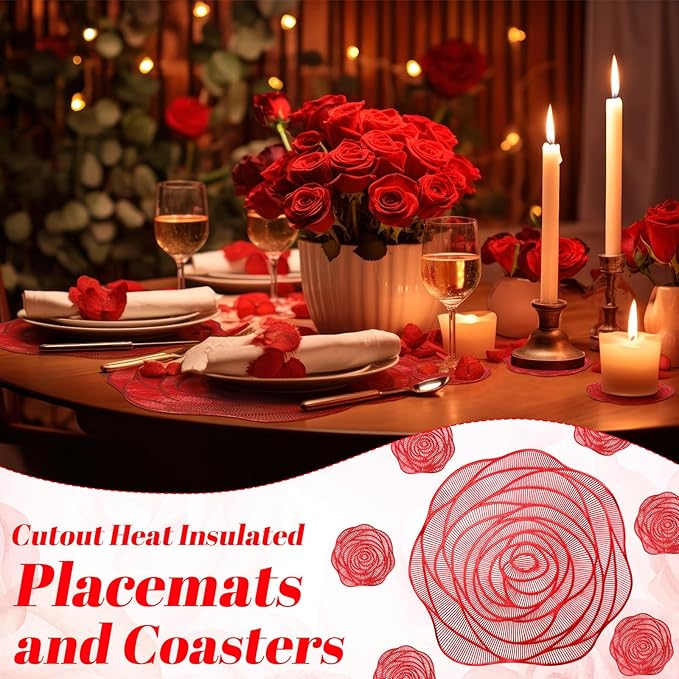Sieral 12 Set 15 Inch Round Pressed Vinyl Placemats Hollow Out Rose Placemat Set Metallic Slip Resistant Place Mat Coaster Including Place Mats and Coasters for Wedding Dining Kitchen (Red)