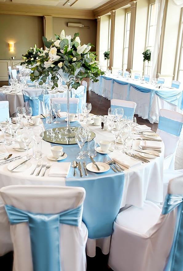 12 Pack Light Blue Satin Table Runner,12 x 108 inch Long Premium Smooth Table Runner for Wedding, Banquets, Birthday, Party, Graduation, Engagements,Table Runners fit Rectangle and Round Table