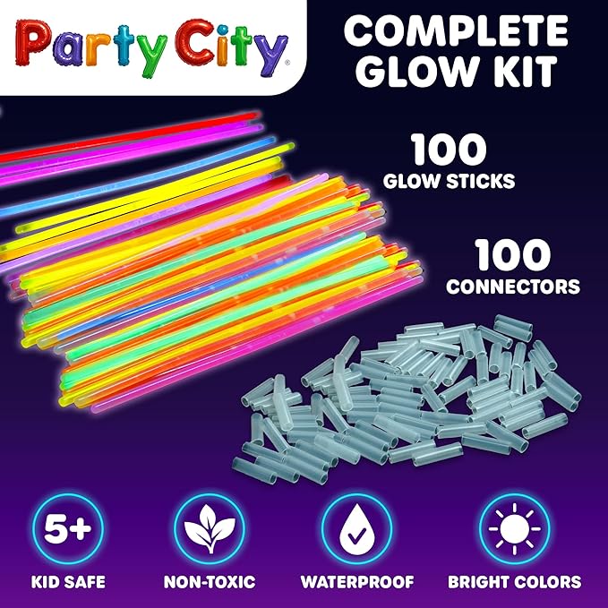 Party City 100 Glow Sticks Bulk Party Pack 8”– Neon Glow in the Dark Party Supplies, Glowsticks with Connectors Bracelets & Necklaces, Light Up Favors for Kids, Adults, Birthdays, Parties, Decorations