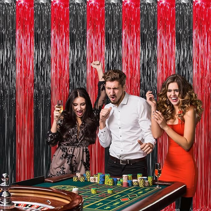 GOER 3.2 ft x8.2 ft Metallic Tinsel Foil Fringe Curtains Party Photo Backdrop Party Streamers for Birthday,Graduation,New Year Eve Decorations Wedding Decor (4 Pcs,Black&Red)