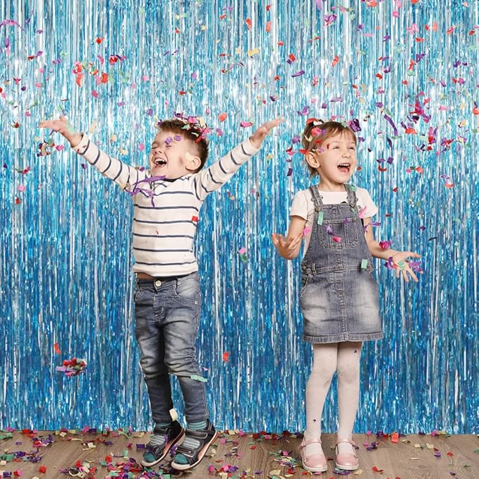GOER 3.2 ft x 8.2 ft Metallic Tinsel Foil Fringe Curtains Party Photo Backdrop Party Streamers for Birthday,Graduation,New Year Eve Decorations Wedding Decor (Light Blue,5 pcs)