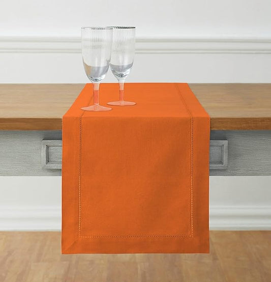 Solino Home Cotton Linen Pumpkin Table Runner 120 Inches Long - Hemstitch 14 x 120 Inch Table Runner - Handcrafted and Machine Washable - Fall, Autumn, Halloween, Thanksgiving