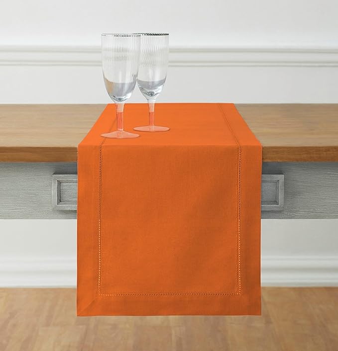 Solino Home Cotton Linen Table Runner 36 Inches - Pumpkin Hemstitch Table Runner 14 x 36 Inch Ideal for Dresser and Coffee Tables - Fall, Autumn, Halloween, Thanksgiving, Holiday