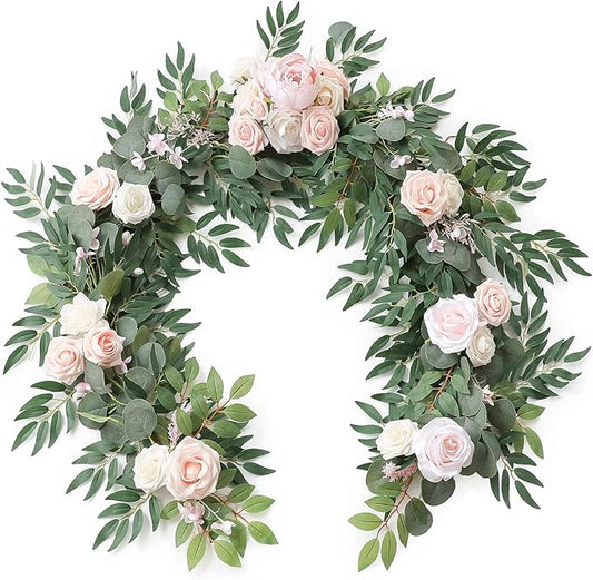 Floroom 6ft Artificial Eucalyptus Garland with Flowers Fake Greenery Faux Floral Vine Garland for Table Decor Wedding Centerpieces Bridal Shower Party Decorations, Blush & Cream