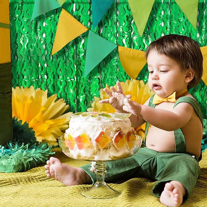 Green Tinsel Foil Fringe Curtains Wavy Backdrop for Parties Sparkle Metallic Wavy Foil Fringe Backdrop Curtain for Party Decorations Photo Booth Props for Birthday Graduation Wedding