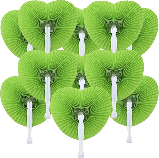 12 Packs Decorative Paper Folding Hand Fans Handheld,Grass Green Heart Foldable Wedding Fans Chinese and Japanese Fans Bulk for Bridal Guest Church Party Favors Dancing Birthday DIY