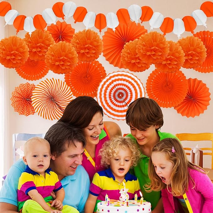 Orange Party Decorations, Papar Fans Pompoms Fans Garlands for Halloween Birthday Bridal Baby Shower Wedding Graduation Spring Festival Party Decorations