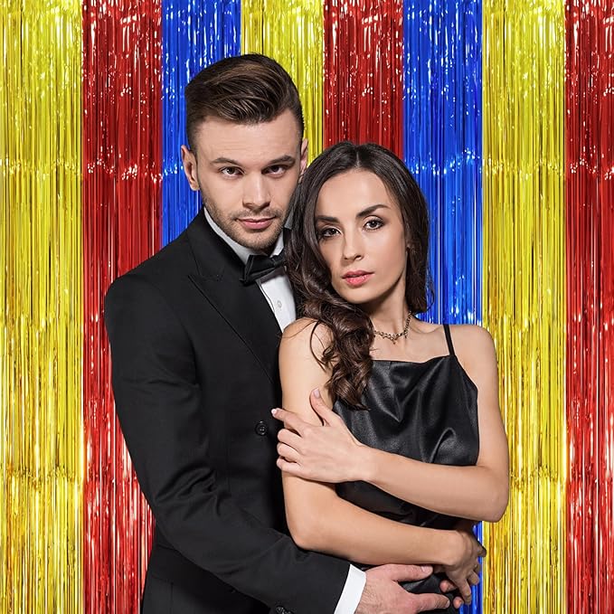 3 Pack 3.3 x 8.2 ft Blue Red Gold Foil Fringe Backdrop Curtains, Tinsel Streamers Party Decorations, Fringe Backdrop, Door Shimmer for Birthday Party