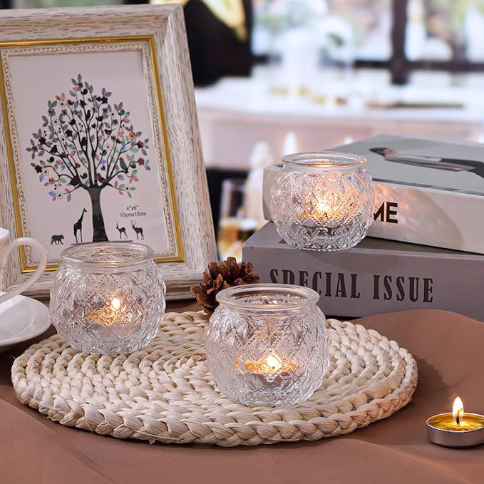 DARJEN 12Pcs Clear Votive Candle Holders - Round Glass Candle Holders for Tea Light Candle, Embossed Candle Votives for Wedding Centerpiece, Living Room & Home Table Decor