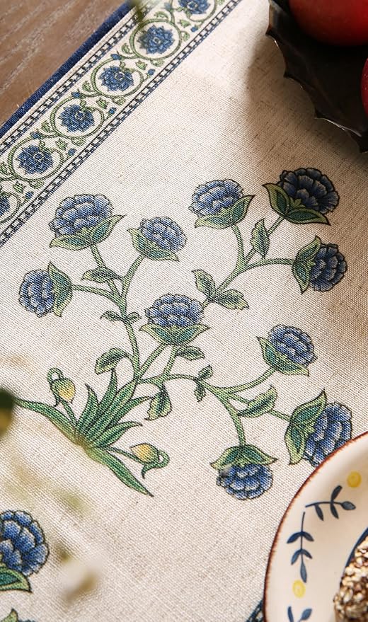 patdrea Designer Blue Rustic Elegant Floral Patterned Linen Table Runner 102 Inch Long,Wrinkle Resistant Table Mat,Decoration for Kitchen Dining and Coffee Tables Banquet Christmas ,12"x102"