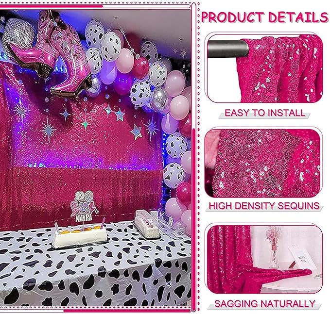 Fuchsia Sequin Backdrop Curtains 4 Panels 2FTx8FT Hot Pink Glitter Sequin Curtains for Backdrop for Parties, Wedding，Valentine Decoration