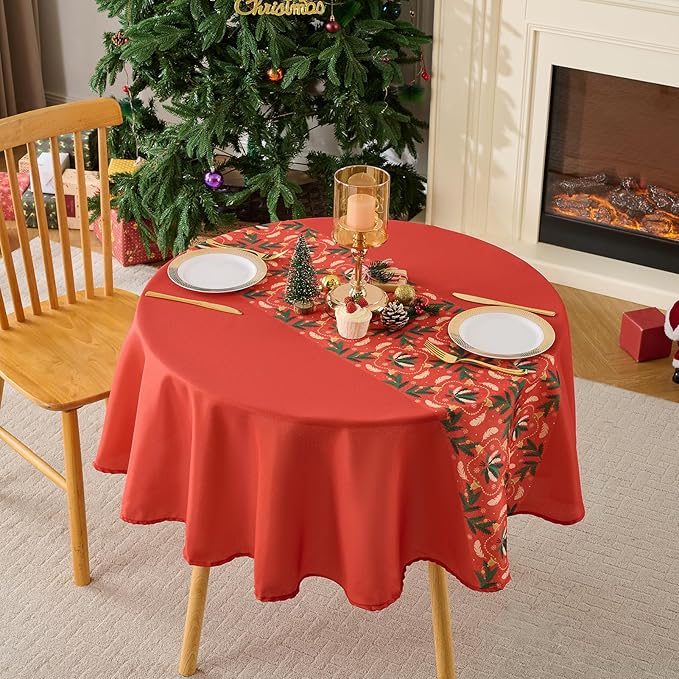 Christmas Tablecloth Round 60 Inch Waterproof, Machine Washable Checkered Polyester Table Cover for Xmas Party, Winter Holiday Home Decoration in Festive Red 1pack