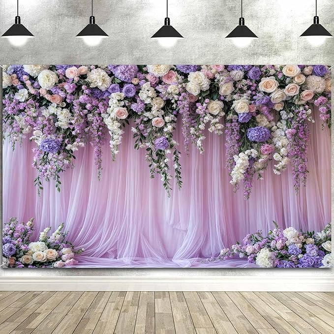 7x5ft Purple Lavender Floral Bridal Backdrop Wedding Flower Photography Backdrop for Girl Portrait Baby Shower Birthday Party Decor Banner Mother's Day Party Wall Backdrop Studio Photo Backgrounds