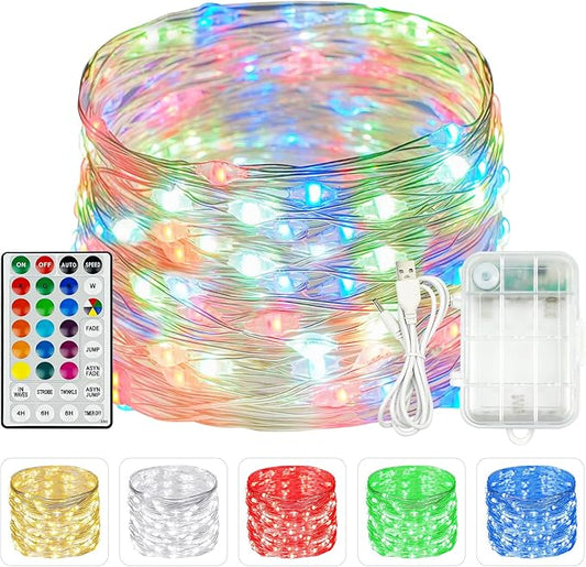 RGB Color Changing 33Ft 100LED Halloween Fairy Lights Battery Operated, Waterproof String Lights USB Powered with Timer for Indoor & Outdoor,18 Colors and Multicolor for Girl's Bedroom Christmas Decor