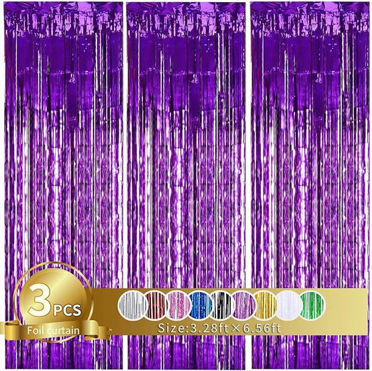 TONIFUL 3Pcs Purple Door Streamers,Purple Photo Booth Backdrop,Metallic Streamers Foil Fringe Curtains for Halloween Birthday,Christmas,New Year,St. Patrick's Day Party Decor(9.9ft x 6.6ft)