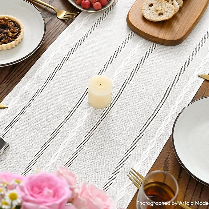 Artoid Mode Rustic Cotton Linen Table Runner, Seasonal Embroidered Hollow Kitchen Dining Table Decoration for Home Party Decor 13x72 Inch