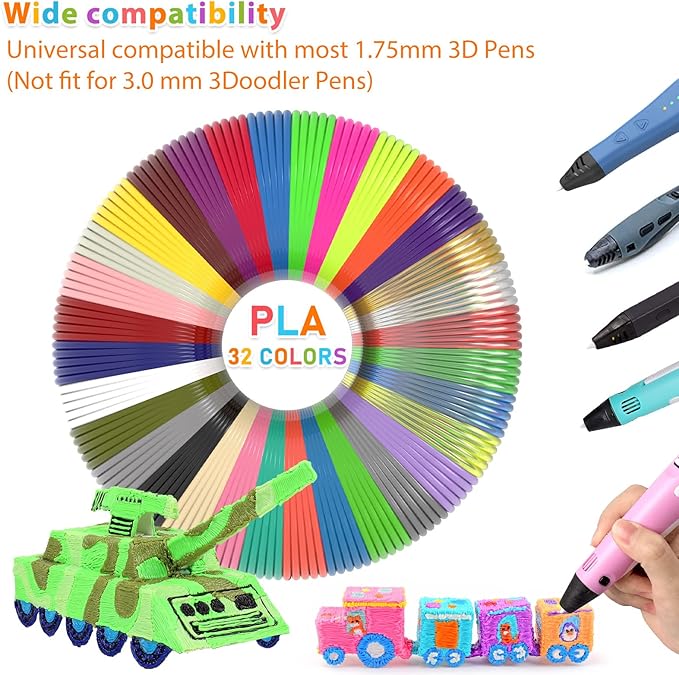 FIROS 3D Pen Filament Refills, 32 Colors 3D Pen PLA Filament, Each Color 32.8 Feet, Total 1050 feet 3D Printing Pen PLA Filament, Compatible with SCRIB3D MYNT3D 3D Pen, Not Suitable for 3Doodler