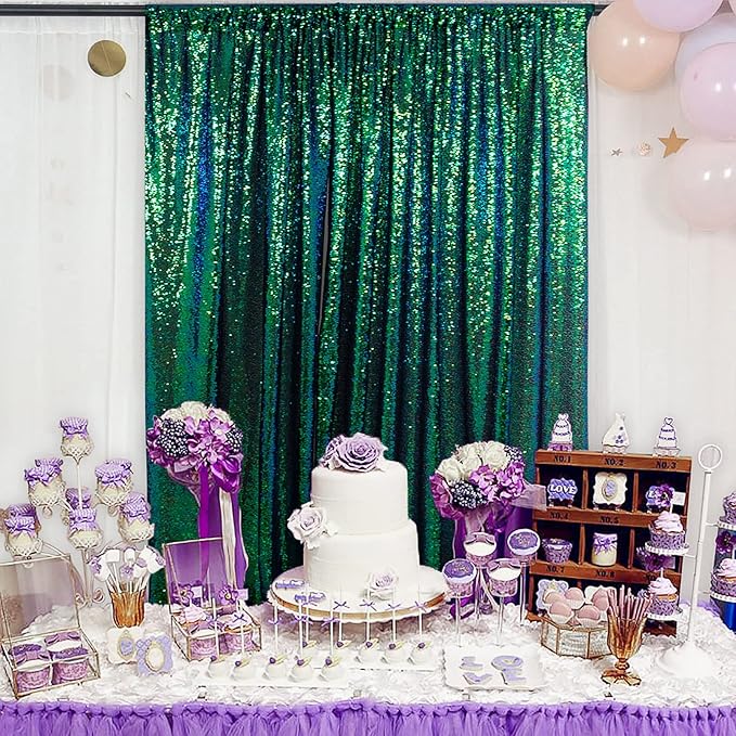 DUOBAO Colorful Green Sequin Backdrop Curtain 7FTx7FT Iridescent Green Glitter Sequins Photography Backdrops Wedding Ceremony Shiny Shimmer Wall Background Baby Shower Party Decorations (7FTx7FT)