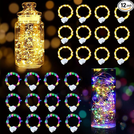 pozzolanas 24 Pack 7ft Waterproof LED Fairy Lights - Battery Operated String Lights with 20 LEDs for Home, Mason Jar, Party, Wedding, Halloween, Christmas Decorations (12 Multicolor & 12 Warm White)