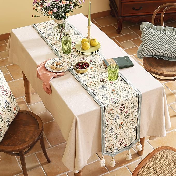 ISAENNE Designer Vintage Elegant Linen Table Runner 87 Inches Long,Colorful Wildflower Pattern Runner,Decor Table Runners for Dining Tables,Thanksgiving,Christmas,Banquet,12"*87"-Serenity B