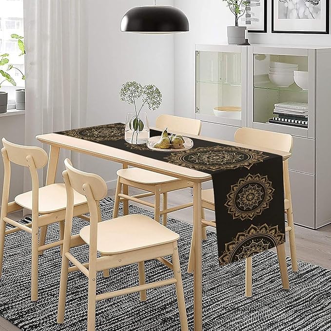 Golden Mandala Table Runner, Traditional Indian Gold Black Flower Vintage Luxury Bohemian Mandala Table Runner for Home Kitchen Dinning Table Indoor Outdoor Holiday, 13x108inch