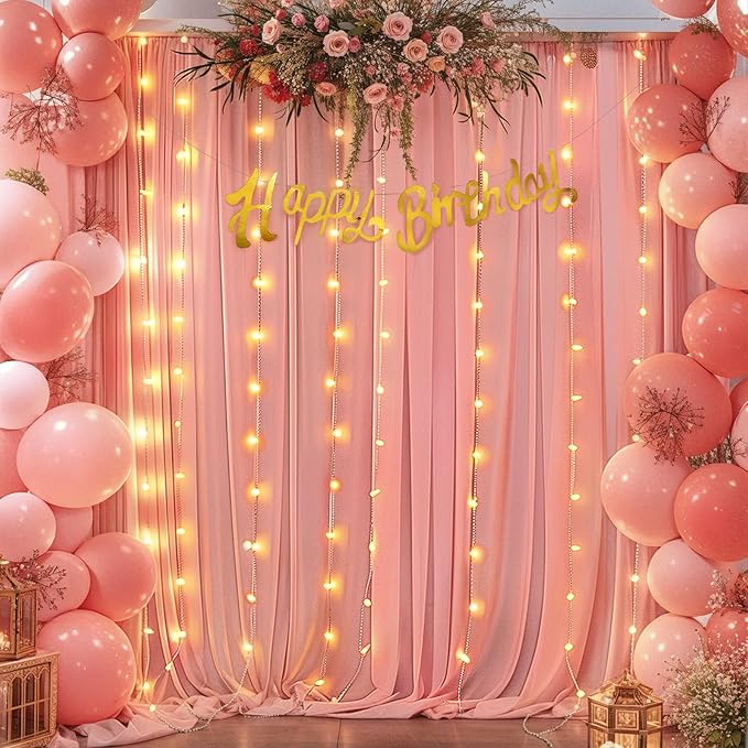 10ft x 10ft Dusty Rose Chiffon Backdrop Curtain with Lights String for Parites Wedding Wrinkle Free Curtain Photo Backdrops Drapes for Baby Shower Birthday Party Home Decorations