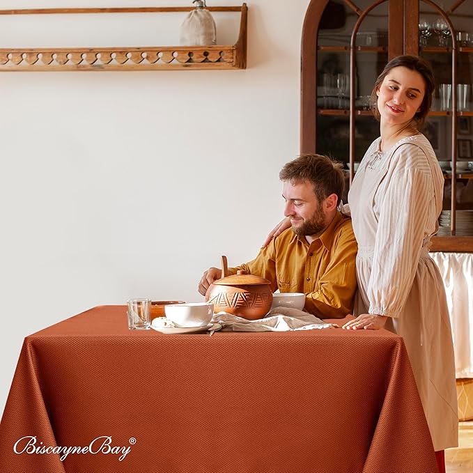 Biscaynebay Fall Tablecloth Textured Fabric Square Tablecloths 90x90 Inch, Rust Thanksgiving Autumn Harvest Water Resistant Fabric Tablecloths for Kitchen, Dining, Wedding, Parties Machine Washable