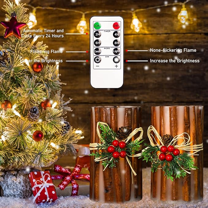 Silverstro Christmas Fake Candles with Remote Embedded Cinnamon Bark Blinks Real Wax Decorative Candles for Home Party Xmas Holiday Decorations - D3.23 X H6 Set of 2