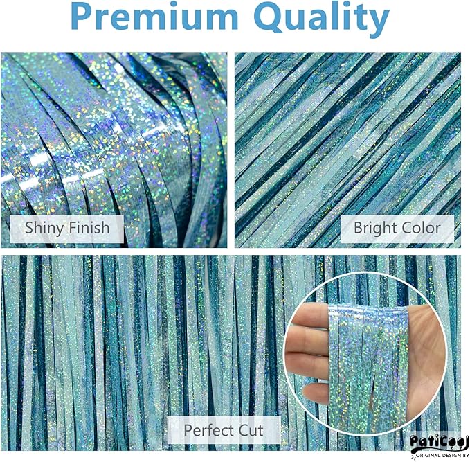 Light Blue Streamers Party Decorations - Thicken 2 Pack 3.2 x 8.2 FT - Blue Foil Fringe Backdrop Curtains for Birthday, Baby Shower, Bachelorette, Frozen, Pool, Under The Sea, Beach Party Decorations