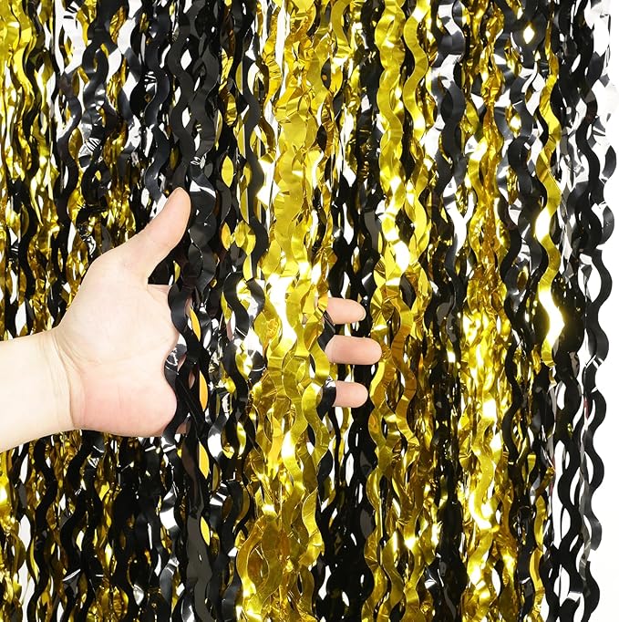 4 Pack Black and Gold Wavy Foil Fringe Curtains Pirthday Decorations,3.3 ft x 6.6 ft Metallic Foil Curtains Streamers for Party Photo Booth Props Background Decoration