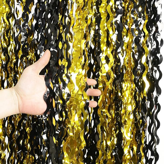 4 Pack Black and Gold Wavy Foil Fringe Curtains Pirthday Decorations,3.3 ft x 6.6 ft Metallic Foil Curtains Streamers for Party Photo Booth Props Background Decoration