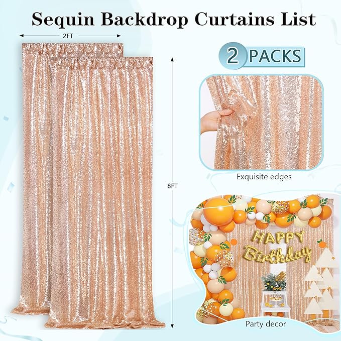 Backdrop Curtain Drapes 2 Panels Rose Gold Party Sequin Background 2FT x 8FT Wedding Ceremony Birthday Decorations Shimmer Fabric