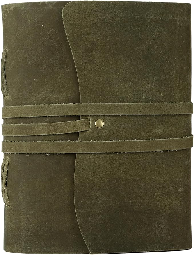 Handmade Leather Journal 8x6 Inch | Green Vintage Notebook with Unlined Paper | Cotton Recycled Paper | Antique Travel Diary, Sketchbook, Writing Journal for Men & Women