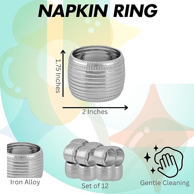 Silver Napkin Rings Set of 12, Beaded Napkin Rings - Rust Resistant, Durable Heavy Duty Napkin Holders for Family, Gatherings, Party, Farmhouse, Modern & Outdoor Dining Décor- ALPHA Living HOME