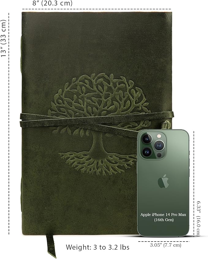 LUXEORIA Tree Of Life Leather Journal for Women and Men, Handcrafted Leather Journal for Writing Womens, Sketchbook, Travel Diary with Unlined Deckle Paper, Dark Green 8x13