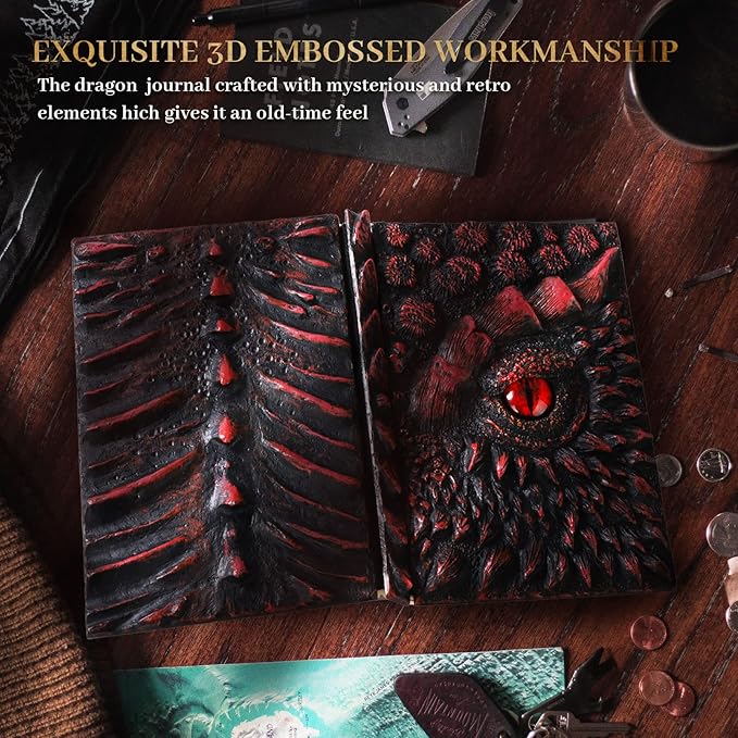 molshine A5 (7.3" x 5.1") 3D Dragon Embossed Journal,Resin Engraving Notebook,Retro Diary,100 Sheets Blank Paper,Hardcover Travel Notepad for Writing,Sketchbook,Collection,Gift,Decoration (Red)