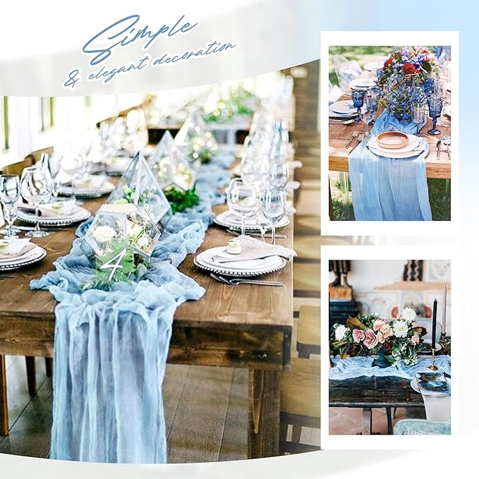 Aktor 4 Pack Light Blue Table Runner Boho Cheesecloth Table Runner Semi Sheer Gauze Fabric Runners for Wedding Birthday Baby Shower Party Boho Table Decoration（Light Blue）