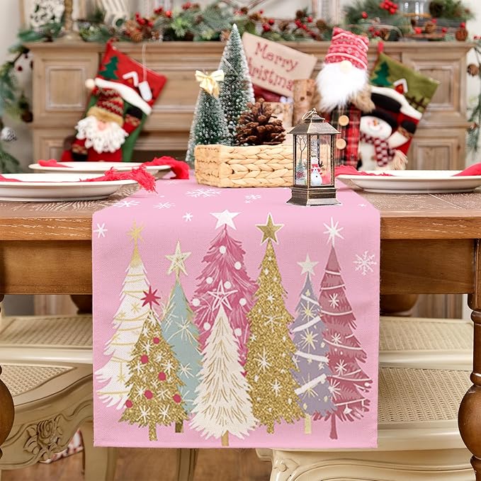 GEEORY Christmas Table Runner 13x108 Inch, Xmas Trees Snowflakes Holiday Decorative Farmhouse Table Decoration for Kitchen Dinning, Indoor Outdoor Dinner Party Decor (Pink) GT153-108