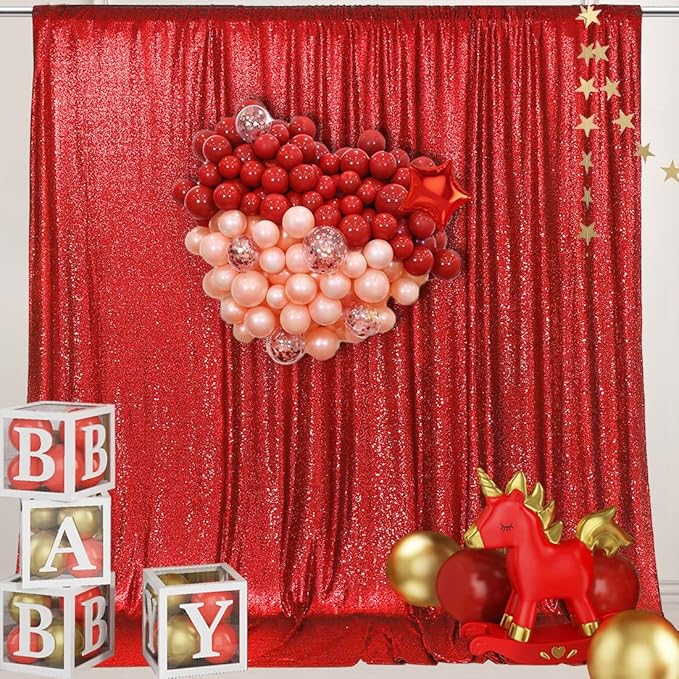 PartyDelight Red Sequin Backdrop Photography Christmas Curtain 6Ft x 8Ft