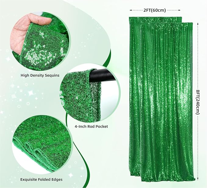 Juya Delight Sequin Backdrop Curtain,2PCS 2FTx8ft Glitter Backdrop Curtain for Party,Birthday,Christmas Wedding Decoration,Green