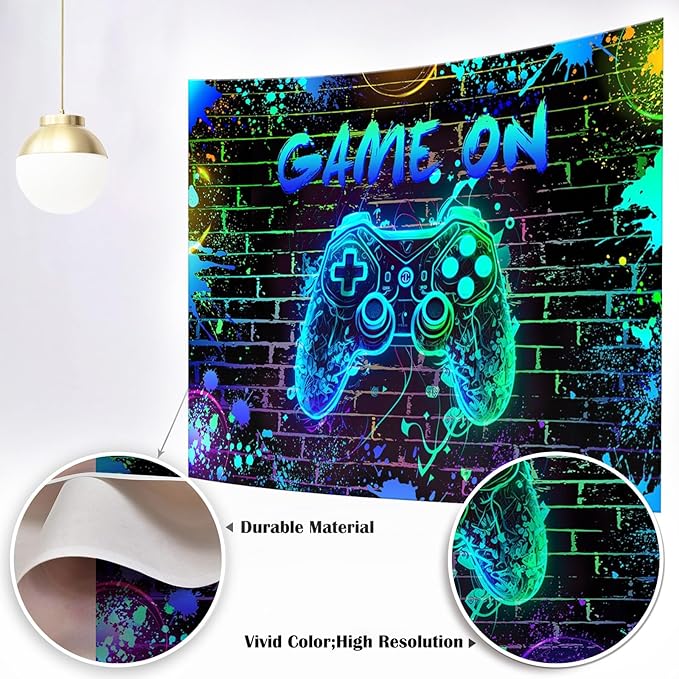 Mocsicka Game On Backdrop Video Game for Boys Level Up Birthday Party Decoration Game Night Arcade Neon Glow Gamer Banner Photography Background (Blue, 10x8ft(120"x96"))