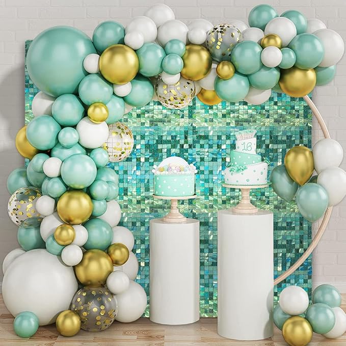12PCS Light Green Shimmer Wall Backdrop, Laser Square Sequin Photo Backdrops Panel, Glitter Wall Background for Birthdays, Weddings, Christmas, Engagements, Disco Bachelorette Party Decor (3FTx4FT)
