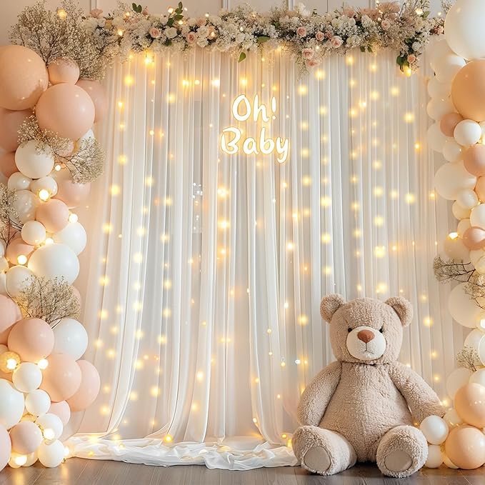 10ft x 7ft Cream White Chiffon Backdrop Curtain with Lights String for Parites Wedding Wrinkle Free Curtain Photo Backdrops Drapes for Baby Shower Birthday Party Home Decorations
