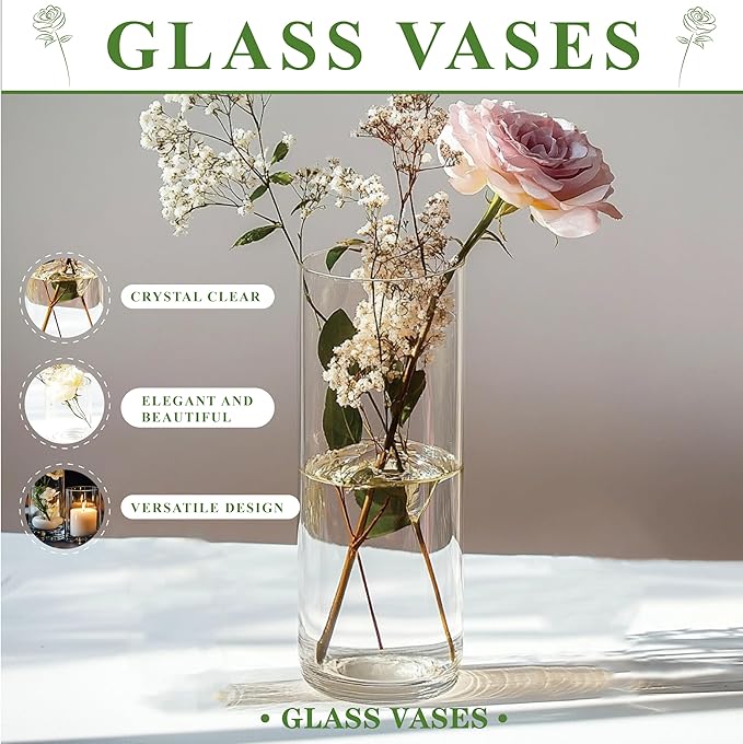 15pcs Clear Glass Vase for Centerpieces, 4,6,7.5,8,10 inch Tall Cylinder Flower Vase Bulk Floating Candle Holder for Wedding Table Home Décor and Party
