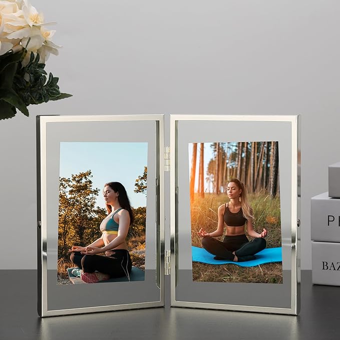 Silver 4x6''Double Floating Frame For Photo Sizes 2x3'',3.5x5'', For Desk/Shelf Display,Gift Choice Photo Frame for Wedding, Christmas,Home or Office Decor