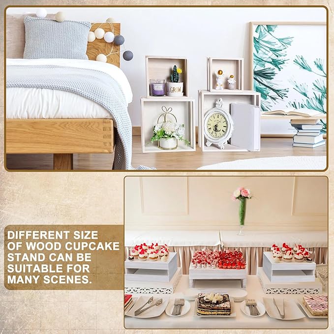 Sieral 4 Pieces Wood Cupcake Display Stand Decorative Dessert Appetizer Cake Stand Risers Wooden Crate Rustic Cake Risers for Storage for Party Christmas Halloween Wedding Decor(Vintage White)